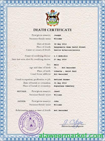 Antigua and Barbuda vital record death certificate PSD template